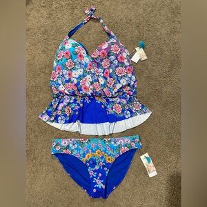 Johnny Was 2 Piece Set Color Blast Tankini Top Size 3X Bikini Bottoms 2X No Tie